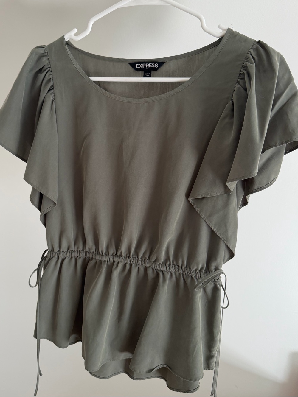 Express Olive Ruffle-Sleeve Tie Waist Top